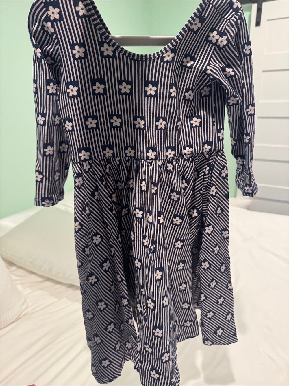 Girls Navy Floral Stripe Long-Sleeve Casual Dress
